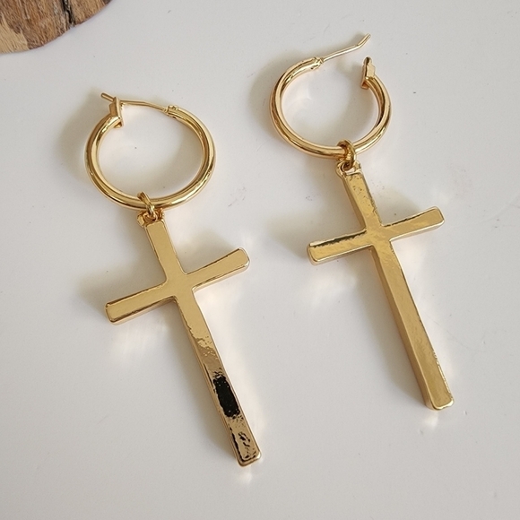 NEW Golden Cross Metal Hoop Dangle Earrings - Picture 3 of 8
